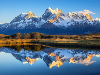 Serene Mountain Sunrise: Golden Light on Snowy Peaks with Reflection on Glassy Lake
