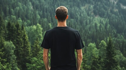 Naklejka premium A man in a black t-shirt stands with his back to the camera, looking out over a dense forest.
