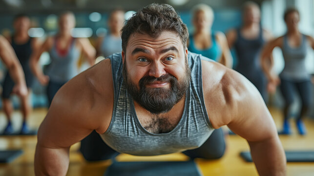 Motivated Man Doing Push-Ups in a Fitness Class with Group Background
