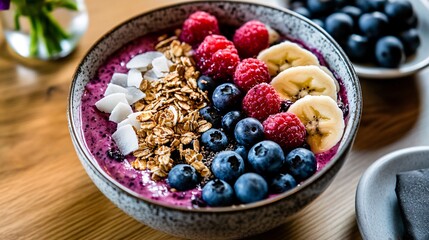 food photography, vibrant acai bowl, topped with fresh blueberries, banana slices, granola, and coconut shavings, bright natural lighting, top-down view, modern cafe environment, wooden table with