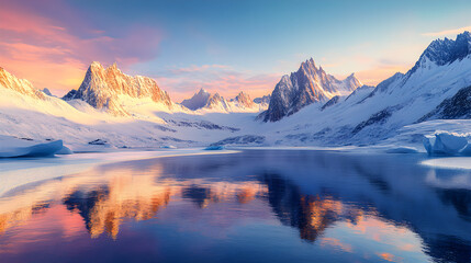 Obraz premium Serene Winter Evening: Majestic Snow-Covered Mountains and Crystal-Clear Lake Reflecting Warm Sunset Glow