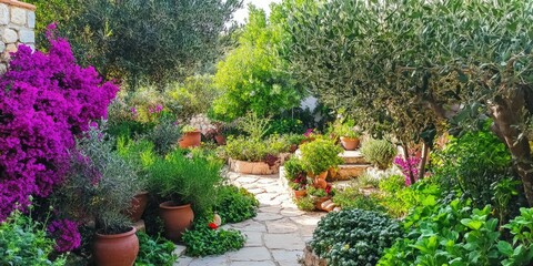 Stone path through a lush, potted garden.