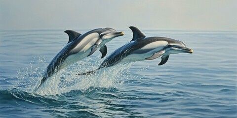 Two dolphins jumping in blue ocean.