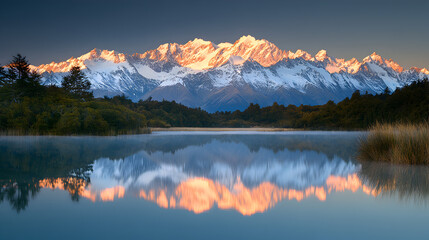 Fototapeta premium Serene Sunrise in Snowy Mountain Range with Reflection on Lake