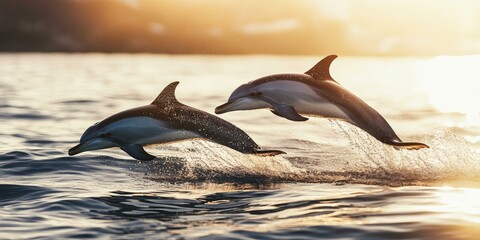 Two dolphins leap from the ocean at sunset.