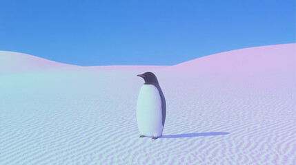 A captivating image of a single penguin standing alone in a vast, serene desert landscape under a clear blue sky, creating a striking contrast between the animal and its unusual environment.