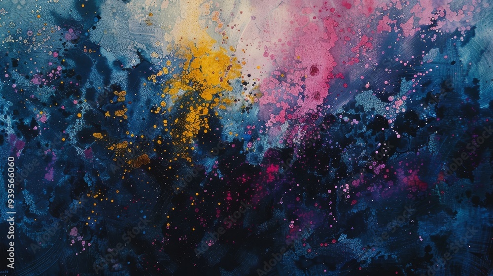 Canvas Prints An energetic abstract painting with vibrant splashes of blue, pink, and yellow created with bold strokes and cosmic inspiration.