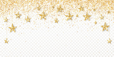 Holiday celebration background. Golden glitter stars decoration isolated. Frame for Christmas, birthday, wedding invitations, party posters. Transparent background can be removed in vector file.
