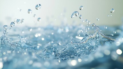 3D rendering of clear blue water droplets and splashes suspended in mid-air against a neutral background, evoking a sense of freshness.