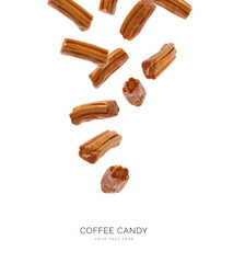 Creative layout made of coffee candies on the white background. Food concept. Macro concept.