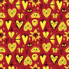 Red bright magic pattern with bizarre mystical spooky symbols. Background with Magic symbols in a trendy cartoon style