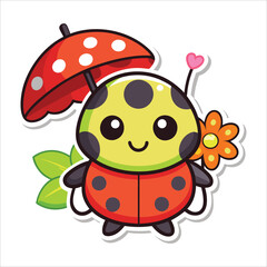 Obraz premium Sticker of an Adorable Ladybug with a Flower Umbrella - Kawaii Contour Vector on White Background 