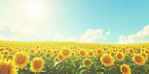 Obraz premium Sunflowers field under bright, blue sky.