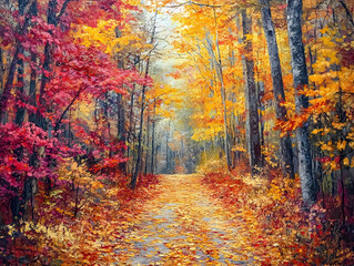 Naklejka premium Enchanting Autumn Forest Trail - A Serene Path Surrounded by Vibrant Fall Foliage