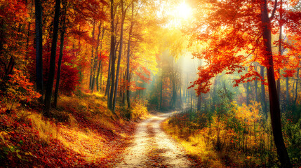 Obraz premium Serene Autumn Forest Path with Sunlight Filtering Through the Vibrant Foliage, Inviting Journey Through Nature's Colors