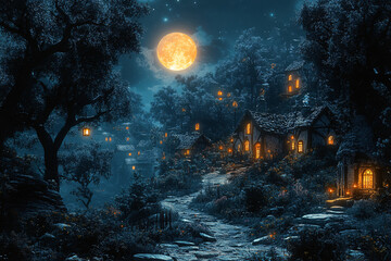 Naklejka premium A mystical fantasy village illuminated by moonlight in the dark, creating a dreamy and magical atmosphere. Perfect for fantasy-themed events or landscapes.