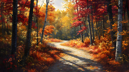 Obraz premium Serene Path through a Sun-Dappled Autumn Forest of Vibrant Reds, Oranges, and Yellows