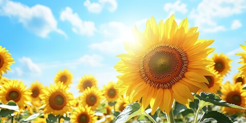 Sunny field of bright yellow sunflowers.