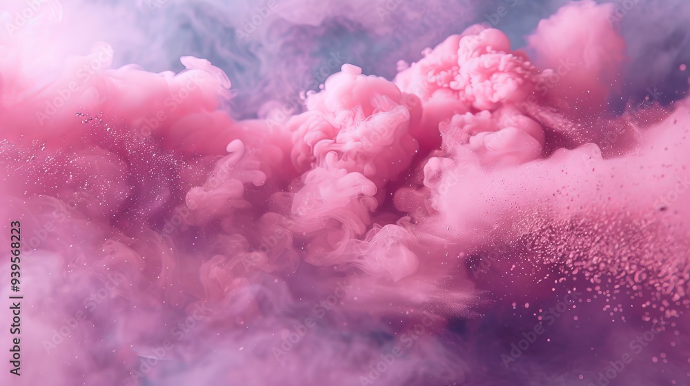 Wall mural This image features a swirling, vibrant cloud of pink and purple smoke on a blue background, creating a surreal, ethereal effect.