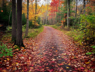 Naklejka premium Enchanting Autumn Forest Pathway with Vibrant Fall Foliage and Scattered Leaves Leading into the Distance