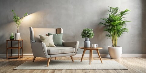 Armchair with Greenery in a Modern Living Room, Interior Design, Minimalist Style, Cozy Room, Home Decor
