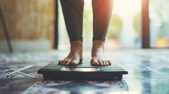 Beginning the Weight Loss Journey - Close-up of Feet Stepping onto Scale with Determination and Hope