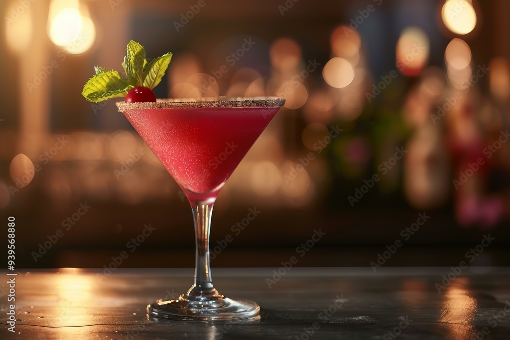 Poster red cocktail with mint and cherry garnish is standing on a bar while a bartender is working in the b