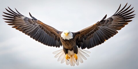 Obraz premium Bald Eagle Soaring, Wings Spread Wide, White Background, Bird of Prey, Bald Eagle, Soaring, Wildlife