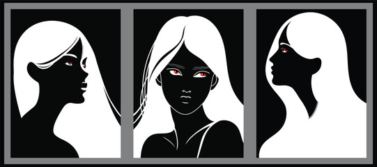 Minimalist vector illustration featuring a stylized woman in three poses with contrasting black and white silhouettes and striking red eyes. Ideal for editorial, fashion, or artistic designs