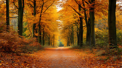 Obraz premium Enchanted Forest Journey: Golden Autumn Path Through Vibrant Woodland Adventure