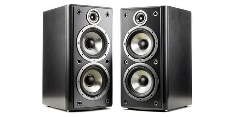 Obraz premium Black Stereo Speakers with Silver Accents, isolated on white background, audio equipment, sound system, music, speaker