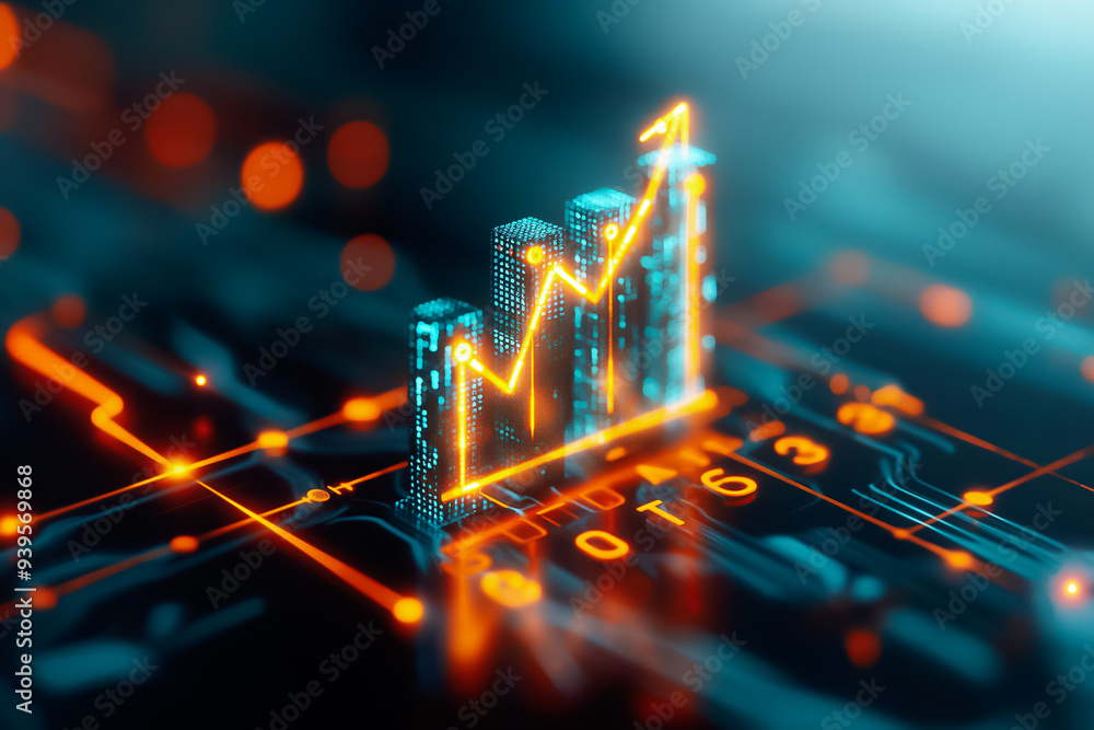 Poster a glowing bar chart rises on a circuit board backdrop, illustrating positive growth trends in data a