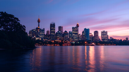 Fototapeta premium Twilight Glow: Stunning City Skyline Silhouetted Against Dusk Sky with Bright City Lights Emerging