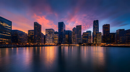 Fototapeta premium Cityscape at Dusk - Urban Skyline Glowing in Warm Sunset Colors with City Lights Turning On