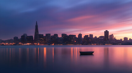 Fototapeta premium Cityscape silhouette against a fiery sunset, reflecting in calm water