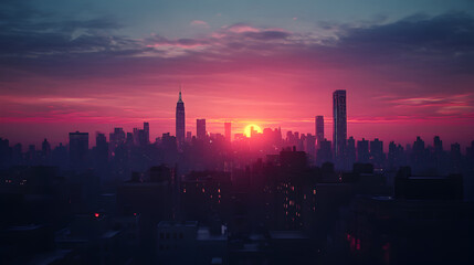 Golden Hour Glow on Iconic City Skyline - Urban Sunset with Illuminating Lights