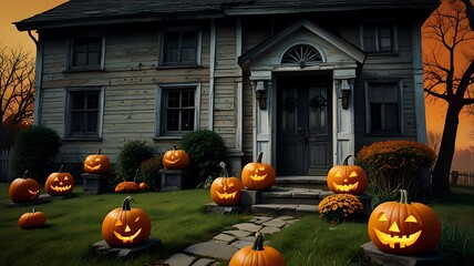 Old house with Halloween pumpkins in the autumn garden