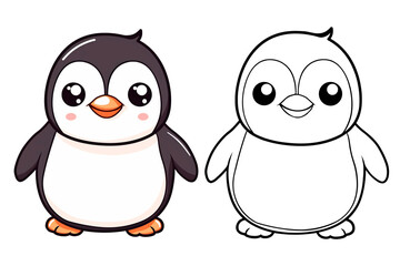 Obraz premium Cartoon animals, funny drawn penguin with contour lines isolated on a transparent background. Simple animal Clip Art, Printable penguin Coloring Page. Simple coloring book for children.