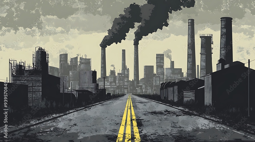 Wall mural urban industrial landscape with factories and smokestacks in comic book style vector illustration.