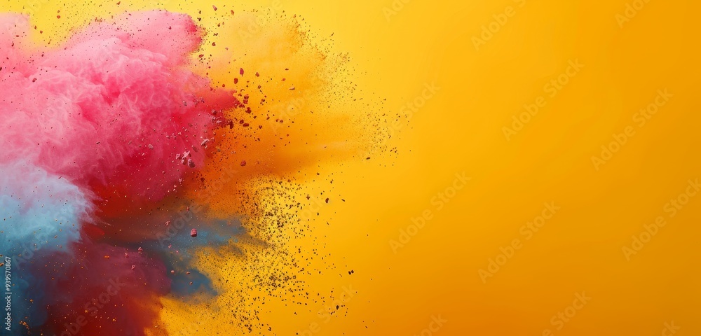 Canvas Prints An abstract explosion of colors featuring bright pink and blue splashes standing out on a vivid yellow background, depicting energy and creativity.