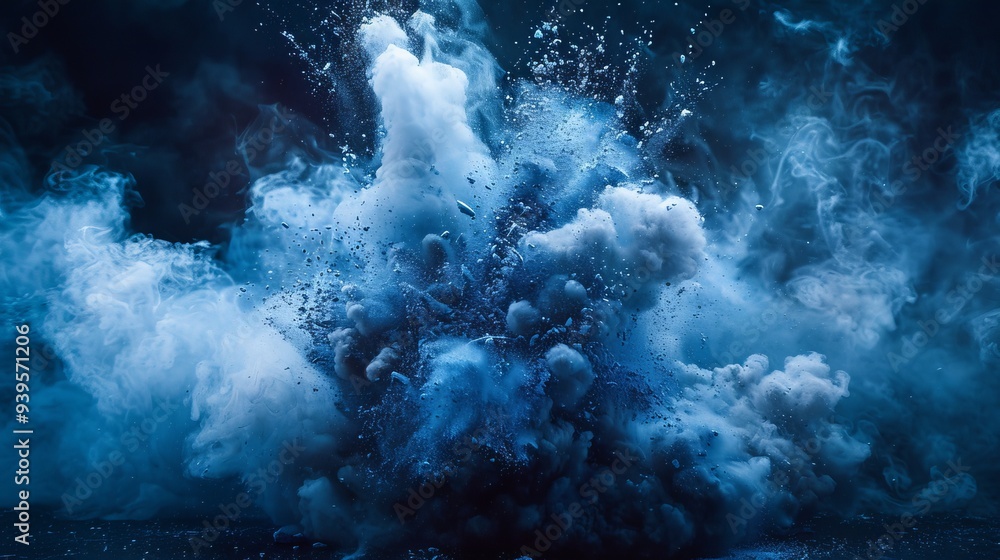 Poster This striking image showcases a burst of blue powder against a contrasting dark setting, evoking energy and dynamics.