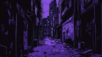 Dark Purple and Black Deserted Alleyway Vector - Moody Comic Book Style Urban Scene with Towering Buildings and Dramatic Lighting