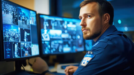 Fototapeta premium A security officer monitoring surveillance cameras in a control room, showcasing modern technology and law enforcement practices