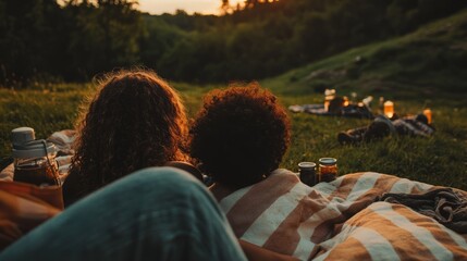Picnic, lifestyle, vacation, summer, ponytail, white stripes, camping blanket, Youth friends, youth camping, glass, fruit, features, magazine wind, vitamins, plates, yellow, juicy, healthy, couple, 