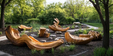 Carved wooden sculptures in a forest setting.