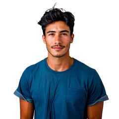 Fototapeta premium Male dancer isolated on white or transparent background. Close-up of Asian man in blue t-shirt looking at camera.
