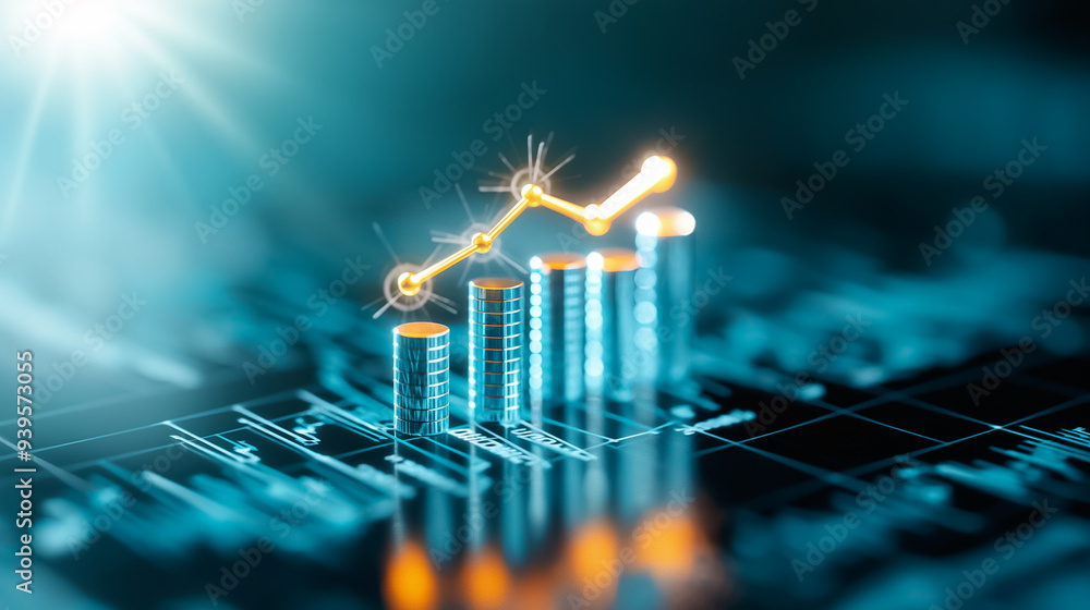 Poster a vivid representation of financial growth showcases rising bars connected by a bright line, set aga