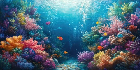 Underwater scene with colorful coral and fish.