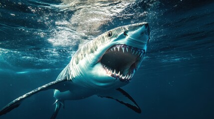 Fototapeta premium White shark with mouth wide open, teeth glistening in sharp detail, swimming dynamically against the dark blue ocean background.