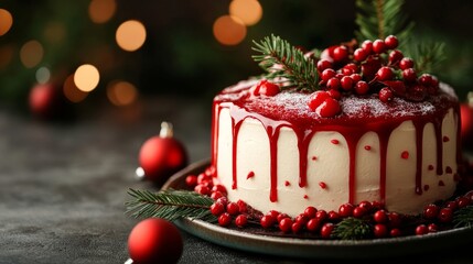 A beautiful Christmas cake with a white cake base, red glaze, and red berries, decorated with a sprig of pine and dusted with powdered sugar. The cake is set against a backdrop of blurred Christmas li